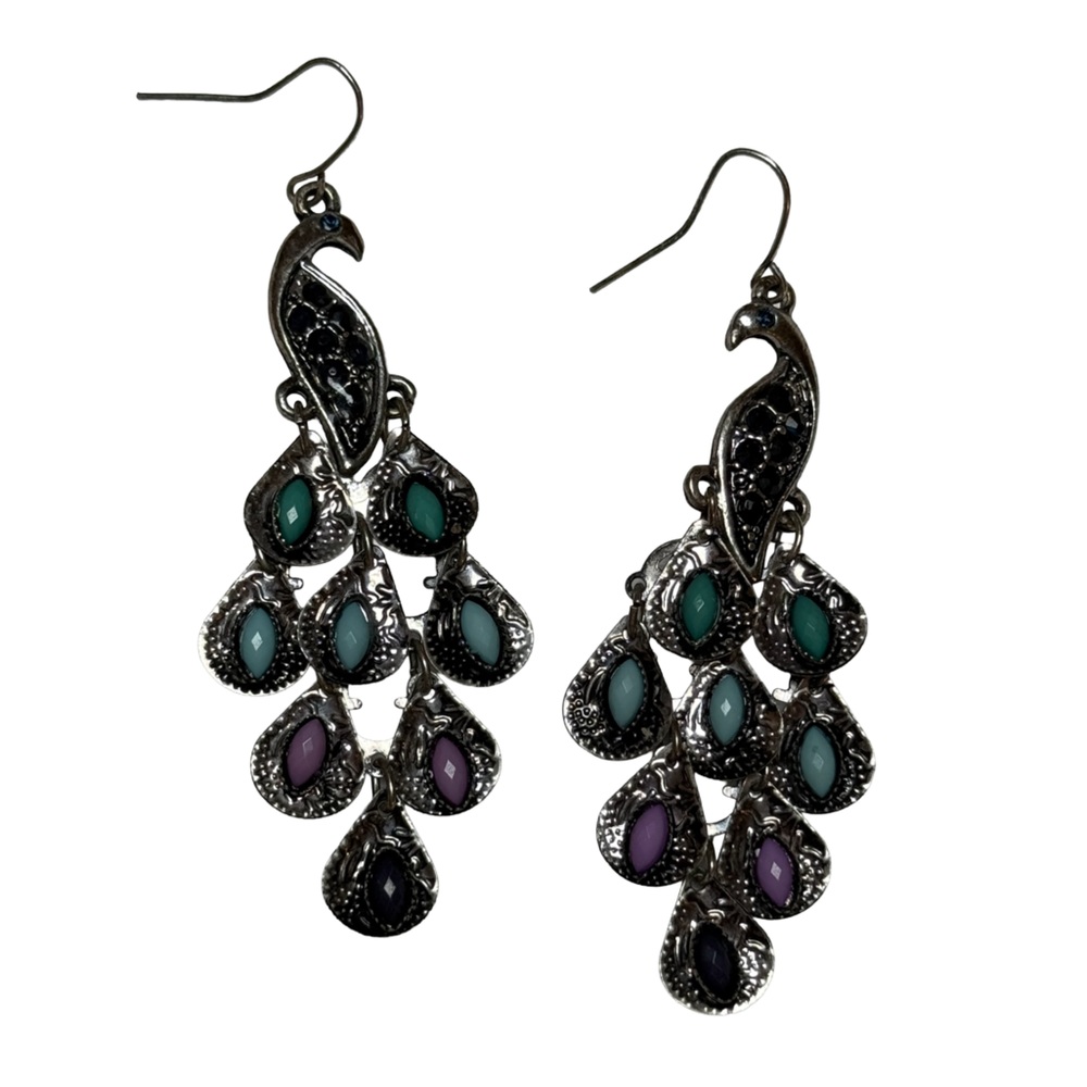 Elegant Silver Chandelier Earrings with Teal and Lavender Accents